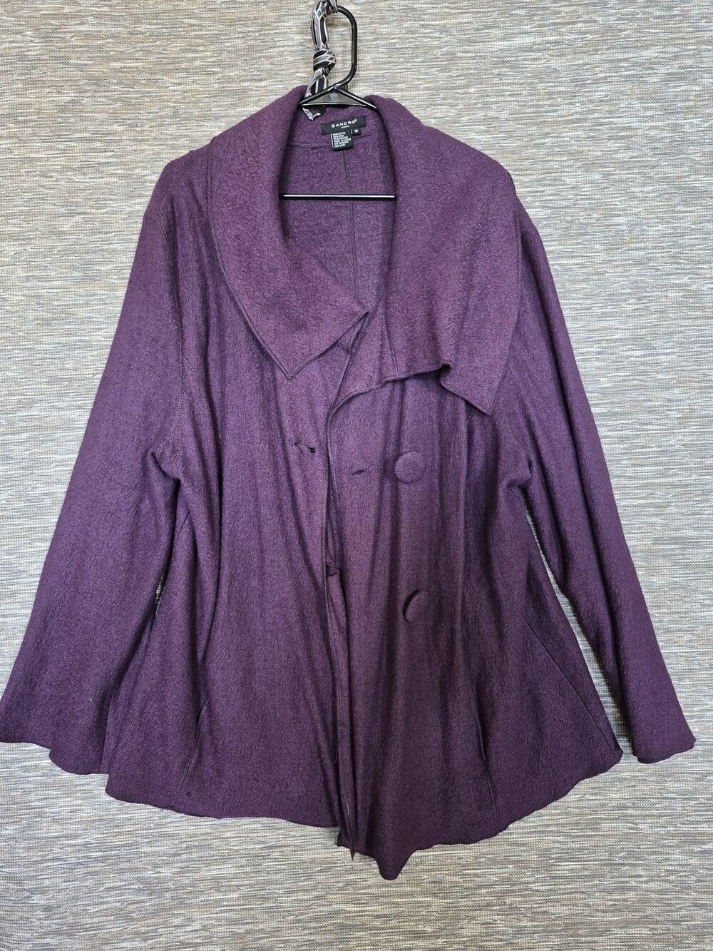 Sandro Woman Jacket Womens 1X Purple Wool Blend Button Front Shawl Collar